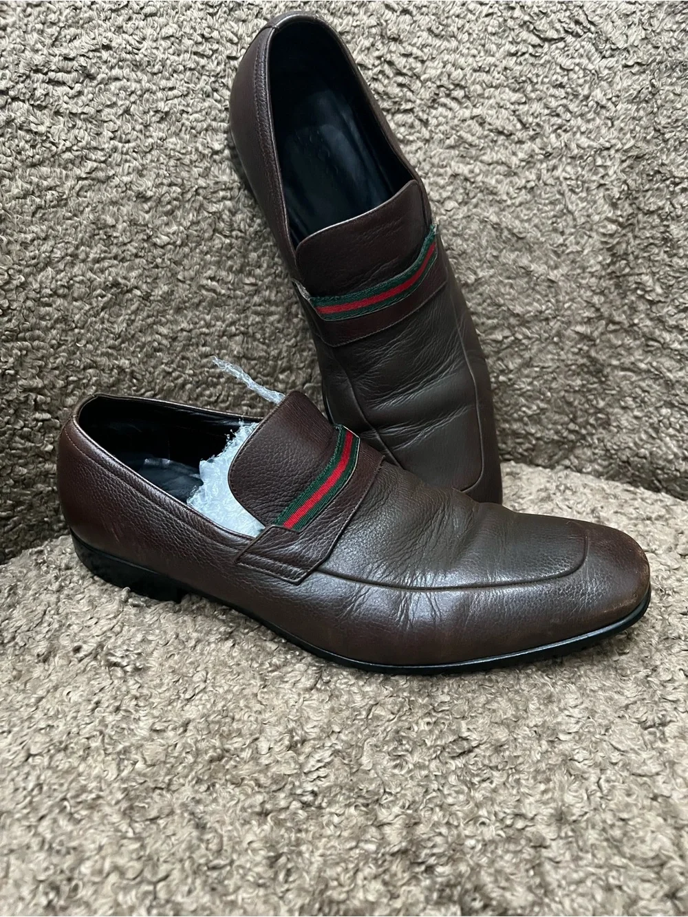 Men's Brown Leather Loafers with Red & Green Accent Gucci Sz 7.5 d